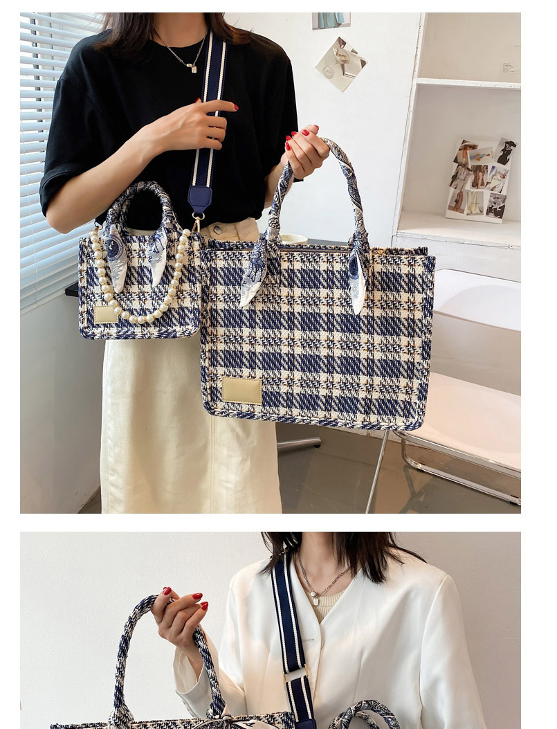 Fashion Large Blue Canvas Lattice Ribbon Bow Pearl Portable Messenger Bag,Handbags