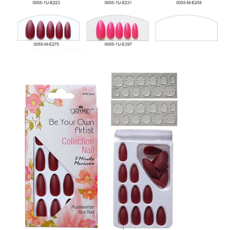 Fashion 9# Pointed Solid Color Matte Finished Nail Patch 24 Pieces With Double-sided Tape,Nails