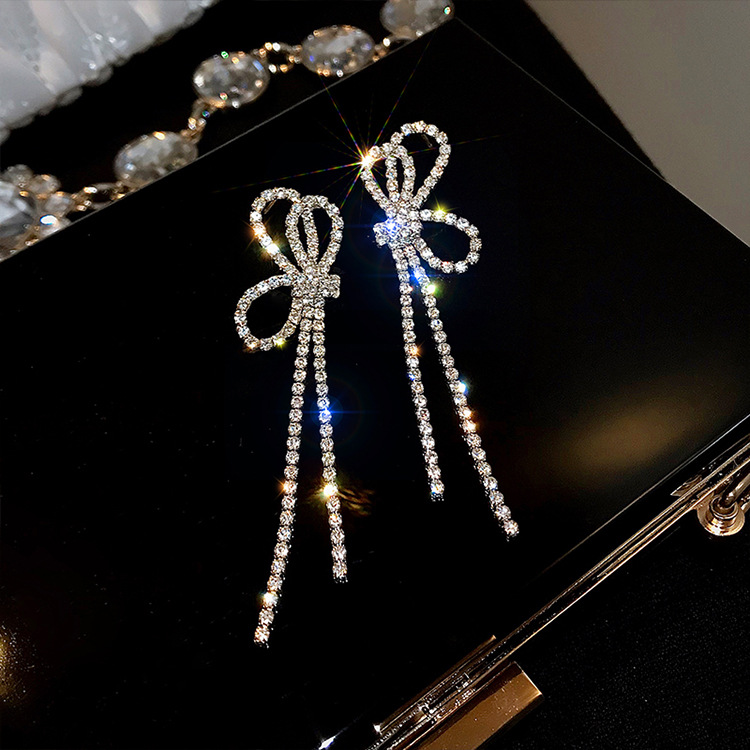 Fashion Silver Color Long Rhinestone Tassel Bow Earrings,Drop Earrings