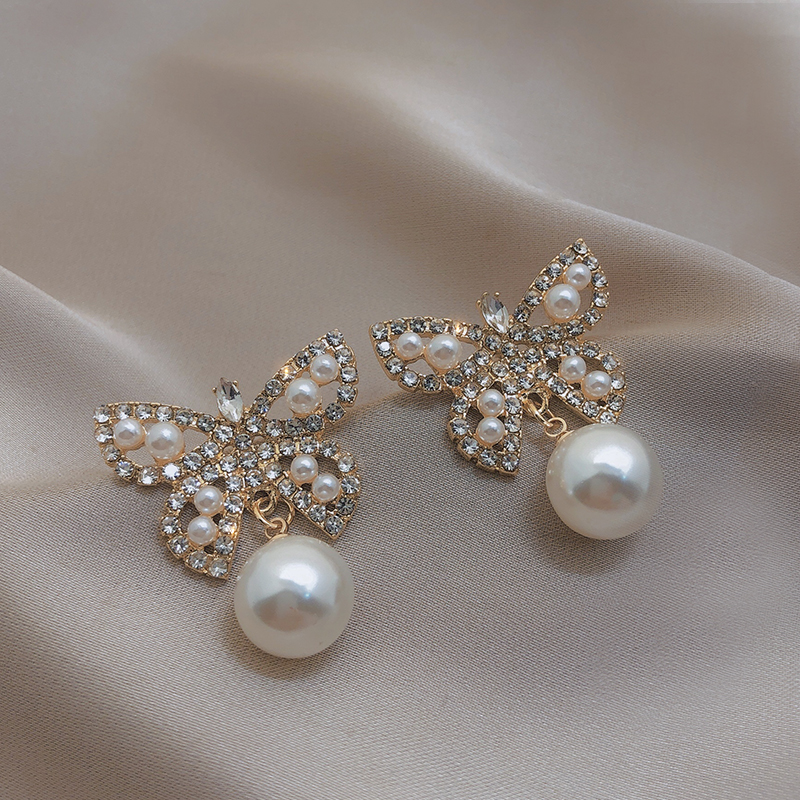 Fashion Gold Color+white Full Diamond Pearl Butterfly Stud Earrings,Hoop Earrings