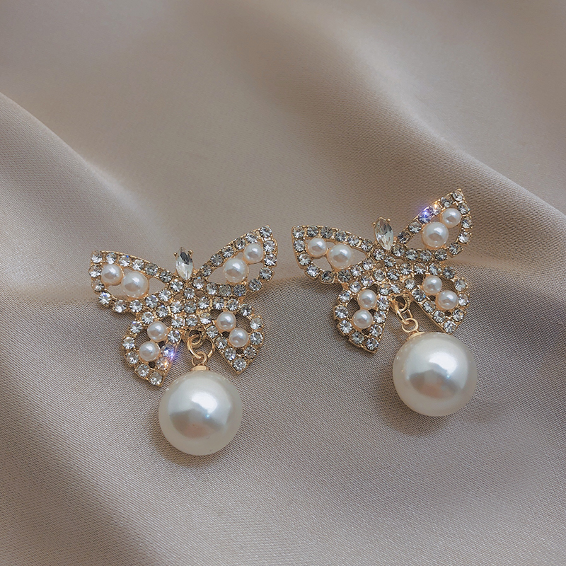 Fashion Gold Color+white Full Diamond Pearl Butterfly Stud Earrings,Hoop Earrings