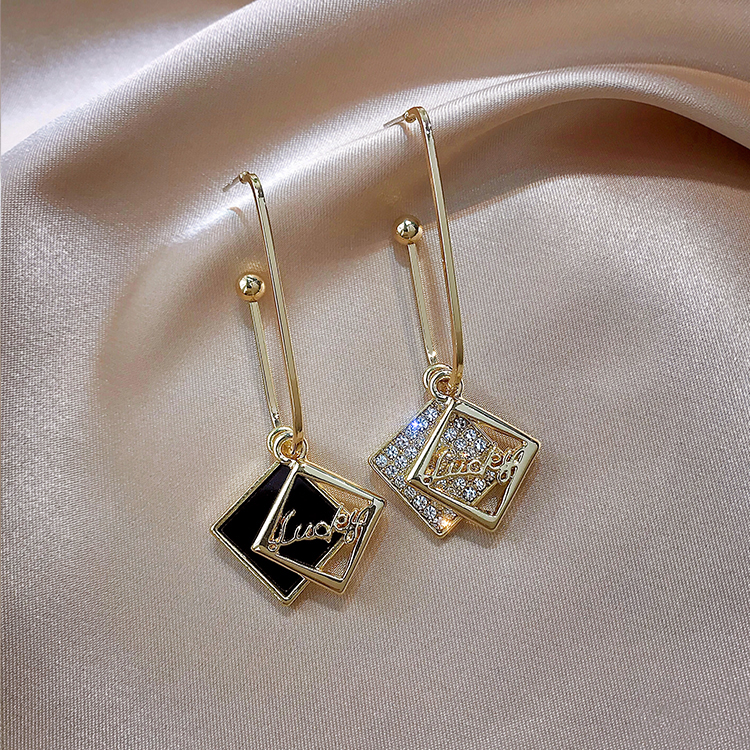 Fashion Gold Color Rhombus Black And White Asymmetrical Earrings,Drop Earrings