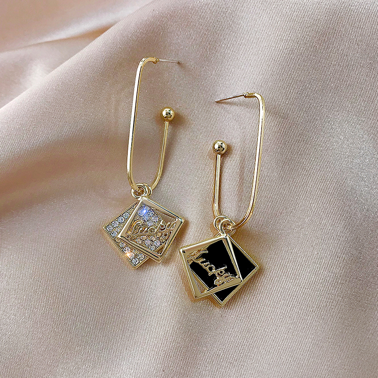 Fashion Gold Color Rhombus Black And White Asymmetrical Earrings,Drop Earrings