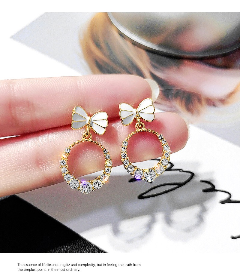 Fashion Gold Color Circle Bow Stud Earrings With Diamonds,Drop Earrings