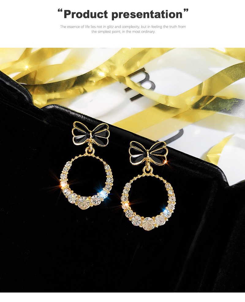 Fashion Gold Color Circle Bow Stud Earrings With Diamonds,Drop Earrings
