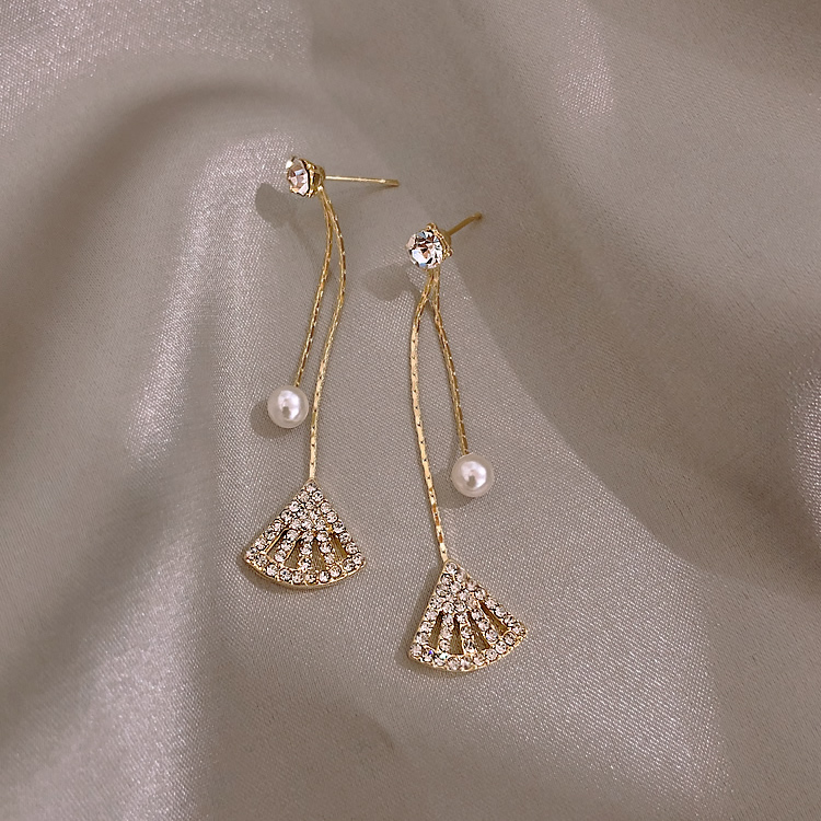 Fashion Gold Color Diamond Fan-shaped Pearl Stud Earrings,Drop Earrings