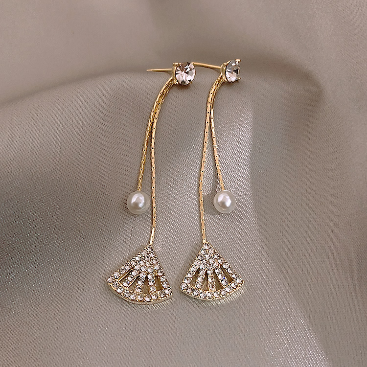Fashion Gold Color Diamond Fan-shaped Pearl Stud Earrings,Drop Earrings