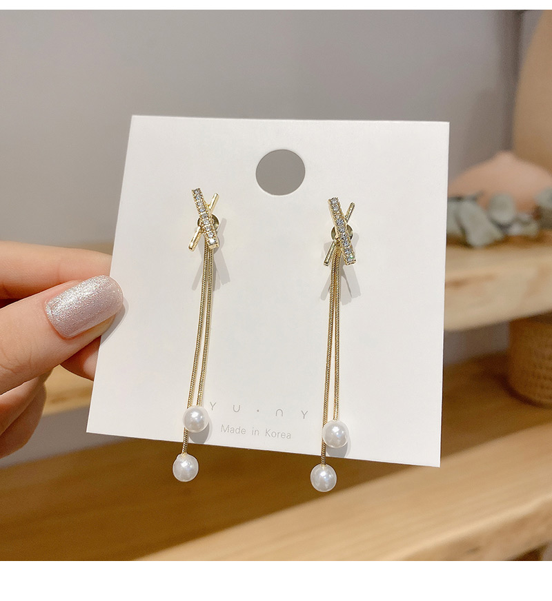 Fashion Gold Color Cross Long Fringed Pearl Full Diamond Earrings,Drop Earrings