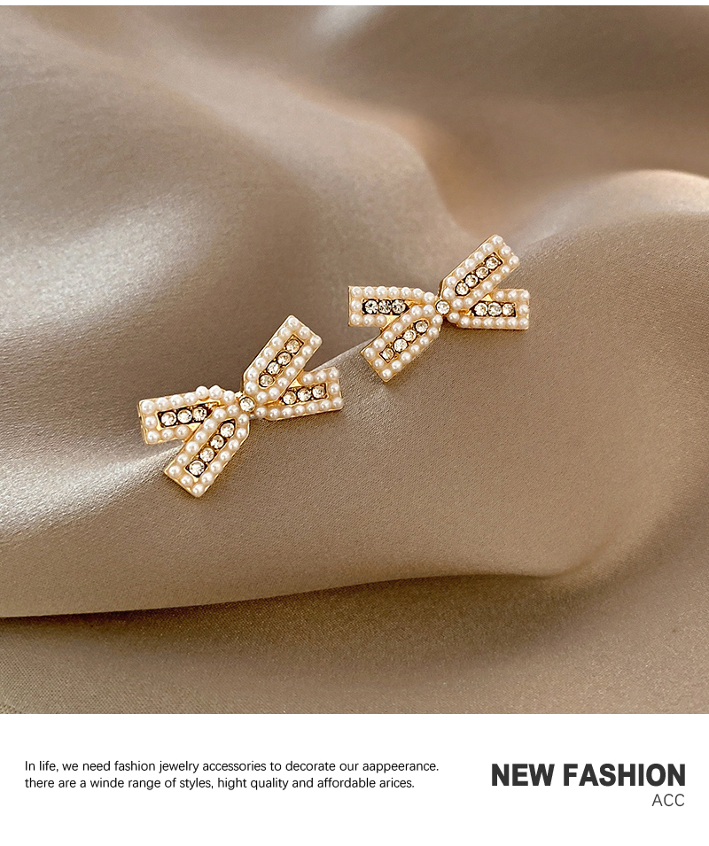 Fashion Gold Color Pearl Zircon Bow Stud Earrings,Stud Earrings