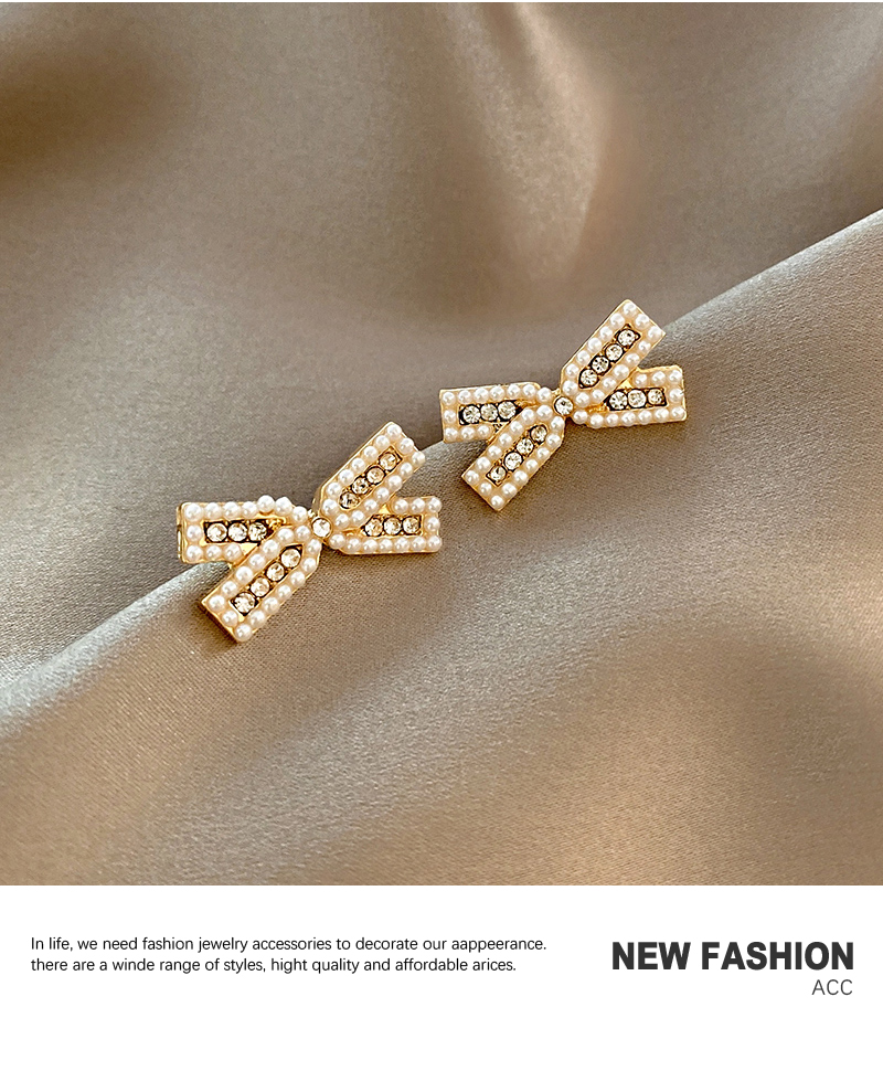 Fashion Gold Color Pearl Zircon Bow Stud Earrings,Stud Earrings