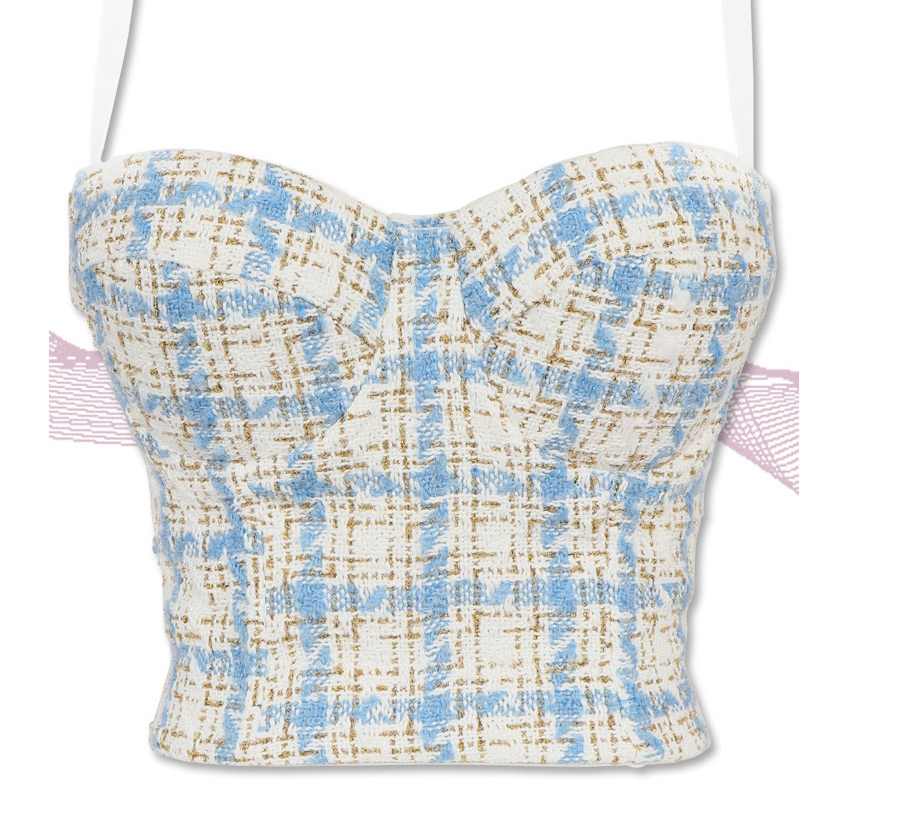 Fashion Light Blue Houndstooth Grace Chain Link Flower Camisole,Tank Tops & Camis