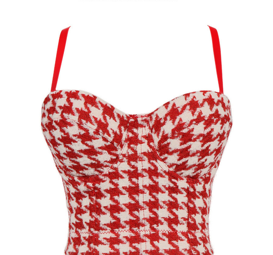 Fashion Red Houndstooth Grace Chain Link Flower Camisole,Tank Tops & Camis