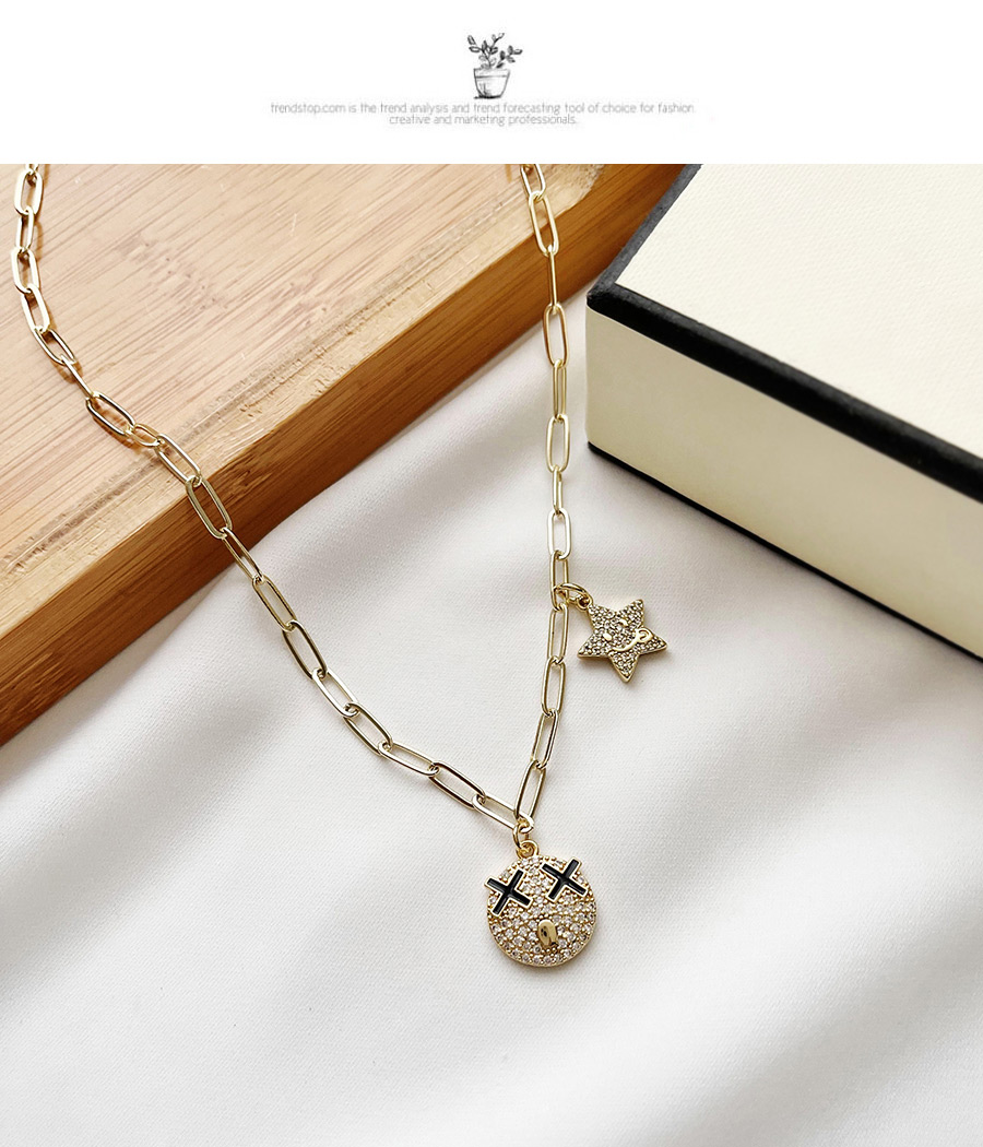 Fashion Love Copper Inlaid Zircon Smiley Five-pointed Star Necklace,Chains