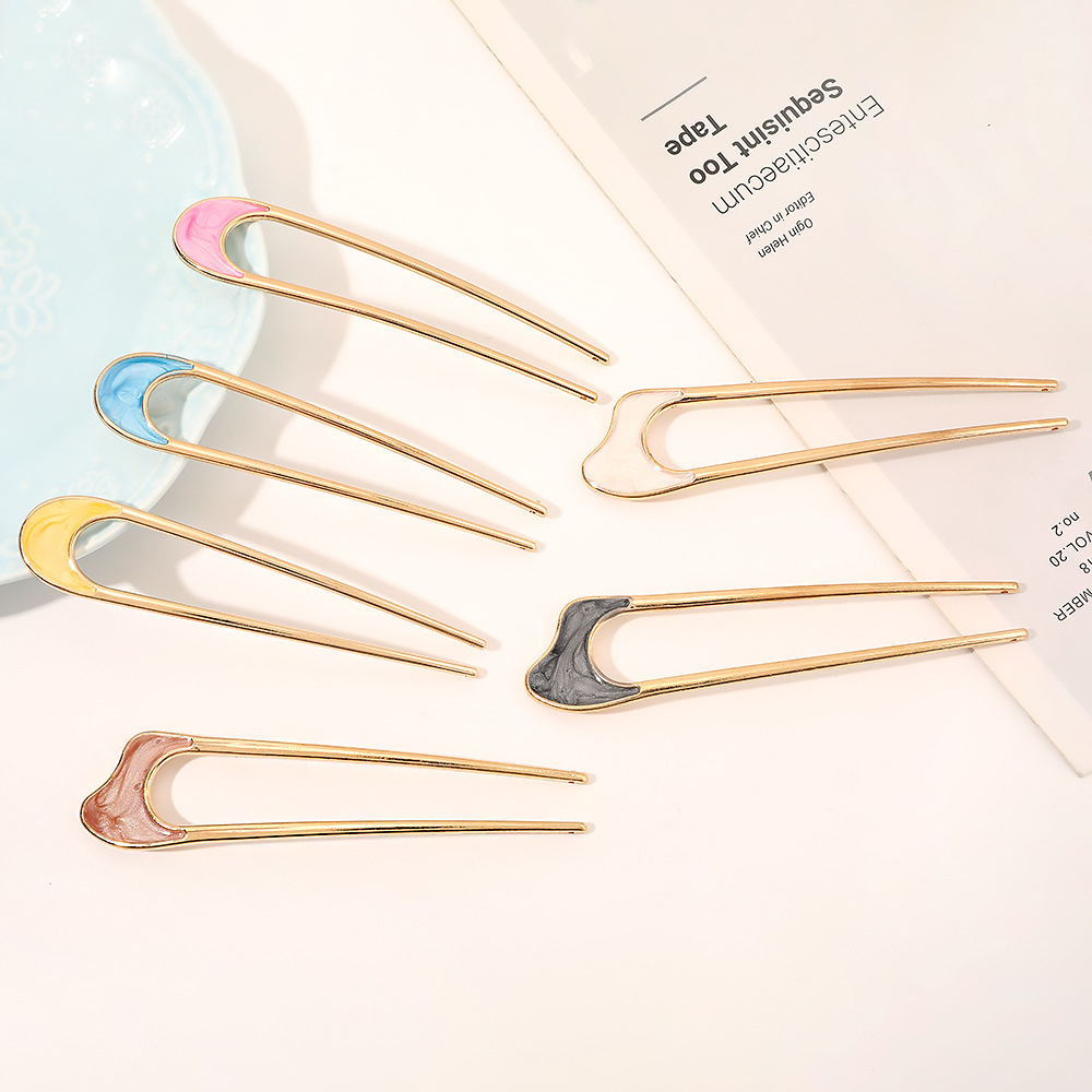 Fashion Crescent Pink Alloy Oil Drop U-shaped Hairpin,Hairpins