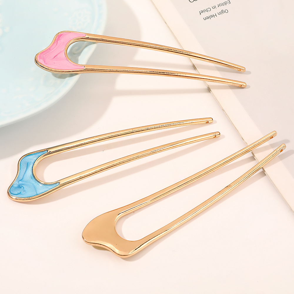 Fashion Crescent Pink Alloy Oil Drop U-shaped Hairpin,Hairpins