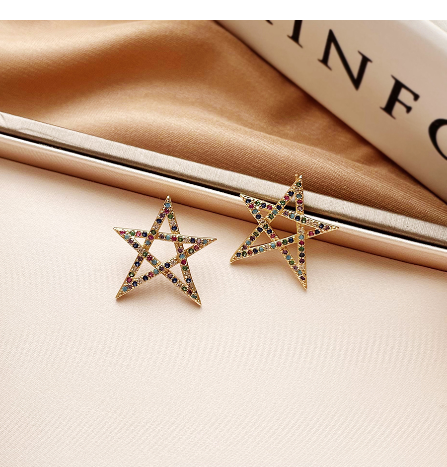 Fashion Gold Color Copper Inlaid Zircon Five-pointed Star Stud Earrings,Earrings