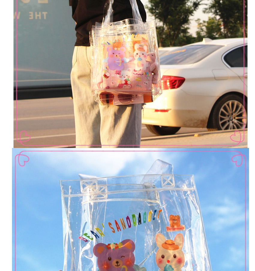 Fashion Single Pink Bear Cartoon Bear Pvc Transparent Shoulder Bag,Messenger bags