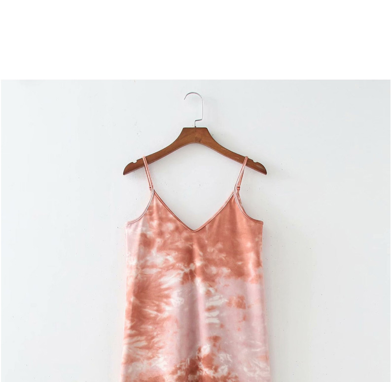 Fashion Rust Red Tie-dyed V-neck Strap Dress,Long Dress