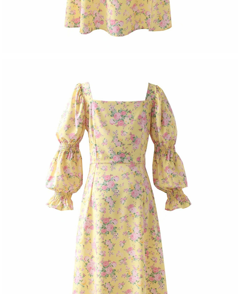 Fashion Yellow Printed Slit Lace-up Lotus Root Sleeve Dress,Long Dress