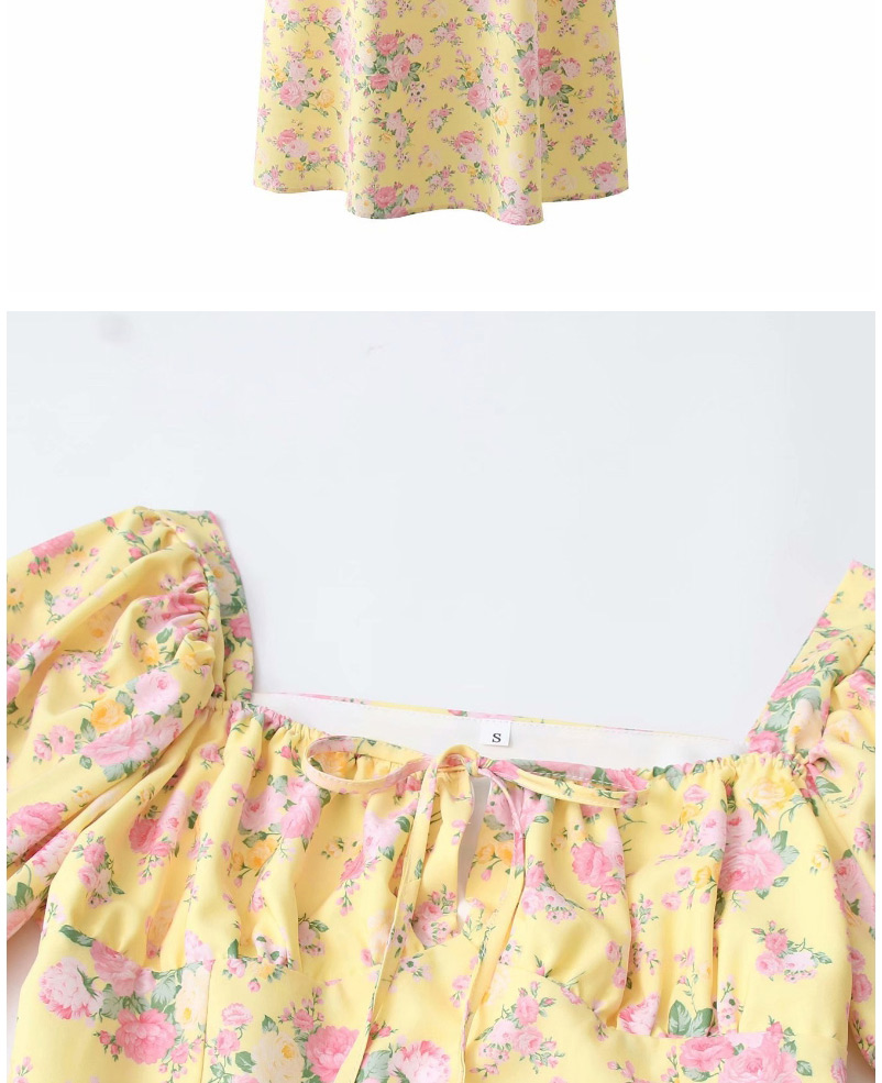 Fashion Yellow Printed Slit Lace-up Lotus Root Sleeve Dress,Long Dress