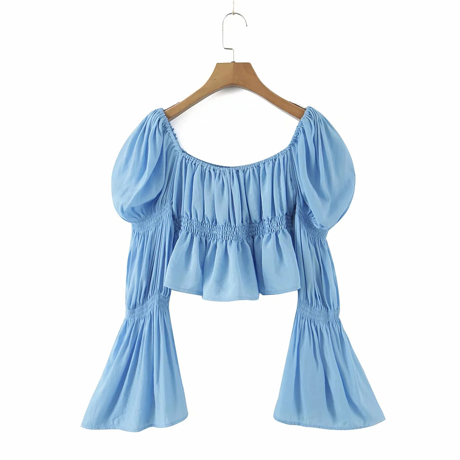 Fashion Blue Pleated Waist Long-sleeved Top,Tank Tops & Camis