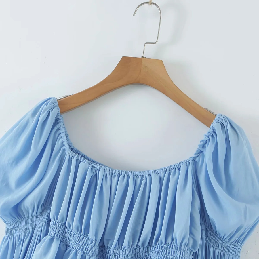 Fashion Blue Pleated Waist Long-sleeved Top,Tank Tops & Camis