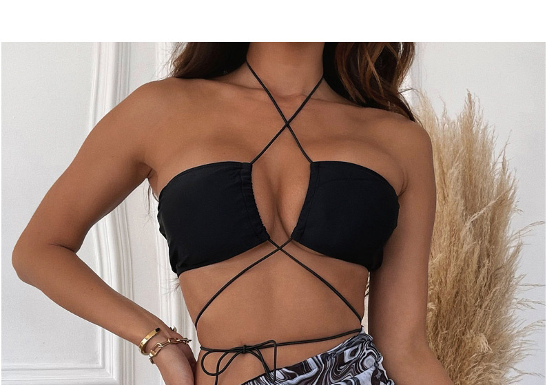 Fashion Black Three-piece Swimsuit With Printed Suspenders,Bikini Sets