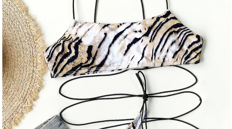 Fashion Coffee Color Leopard Print Strappy Split Swimsuit,Bikini Sets