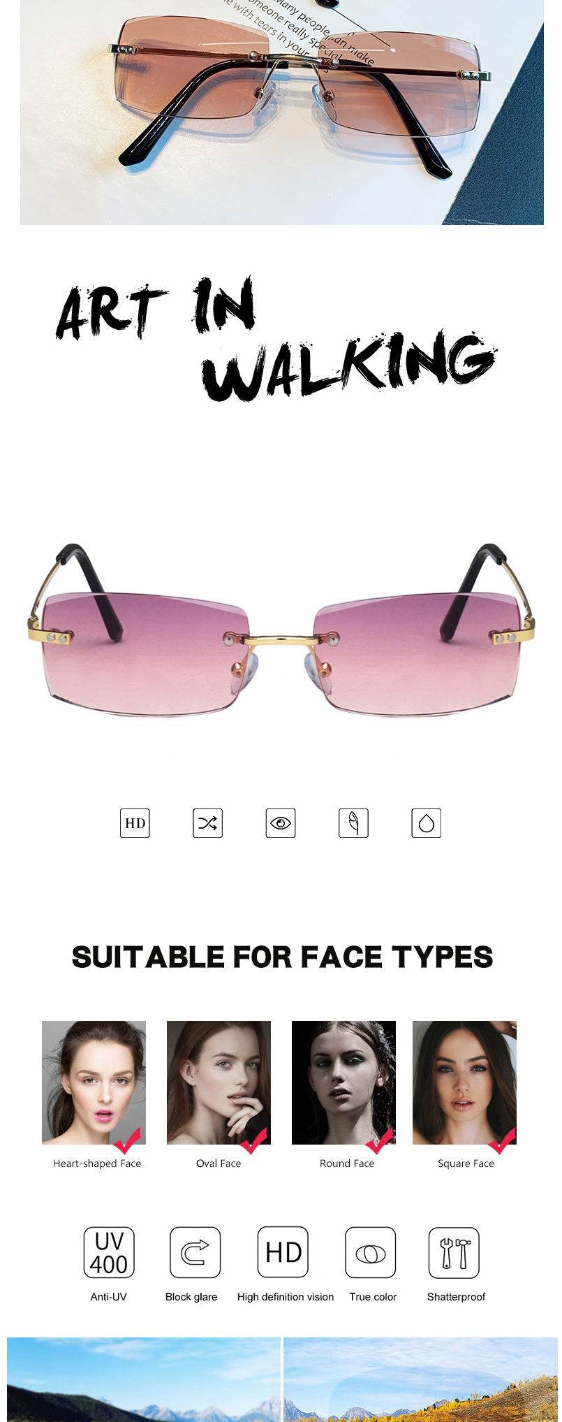 Fashion Purple Powder Trimmed Rimless Small Frame Sunglasses,Women Sunglasses