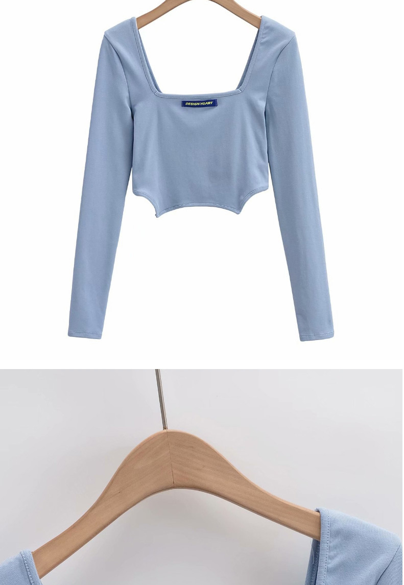 Fashion Blue Long Sleeve Top With Square Neck Trapezoid Hem,Hair Crown