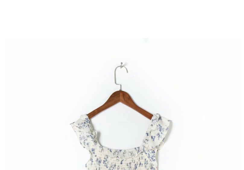 Fashion White Flower Print Ruffled Pleated Dress,Long Dress