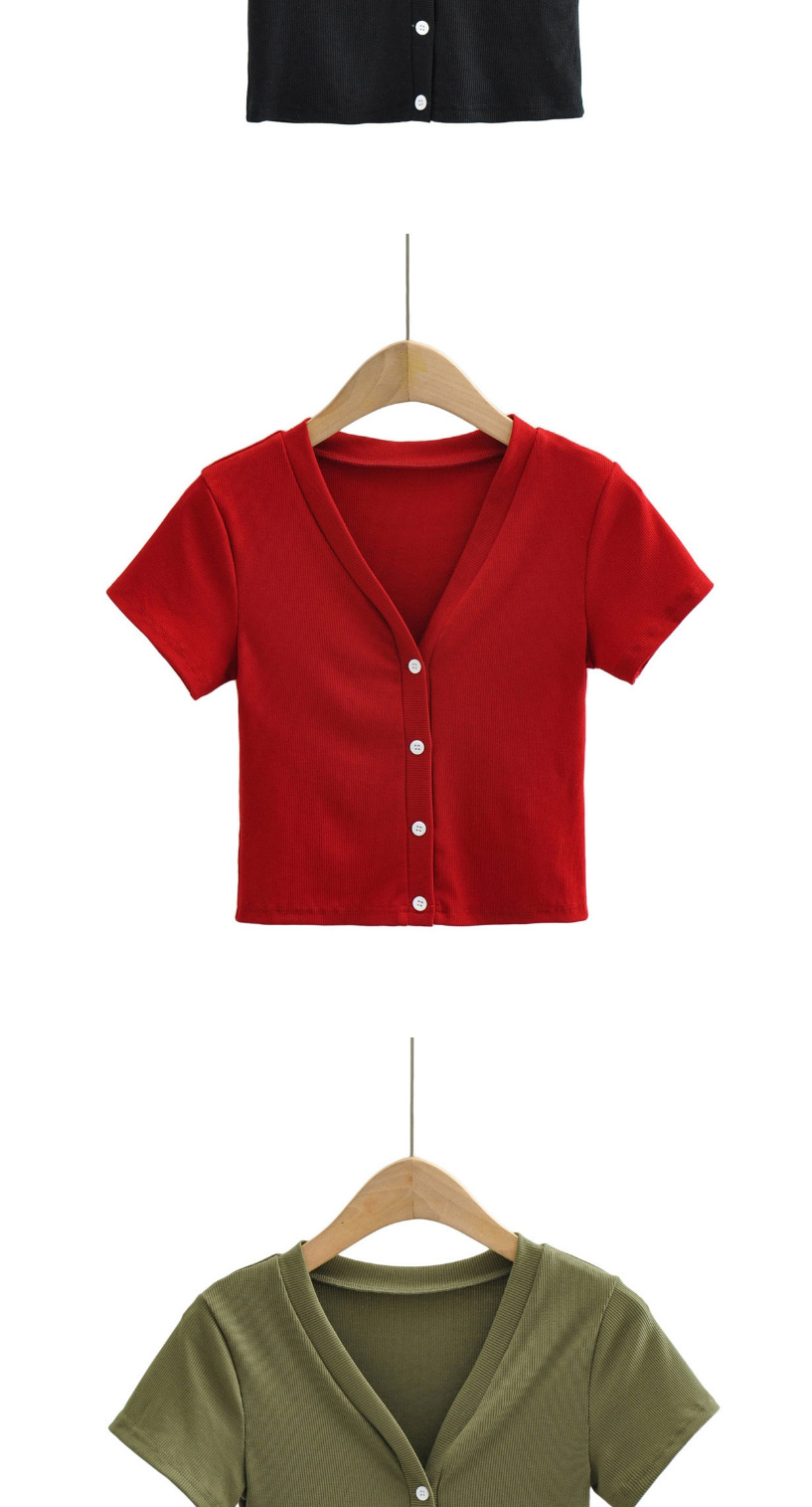 Fashion Wine Red Solid Color Four Button V-neck Short-sleeved Top,Hair Crown