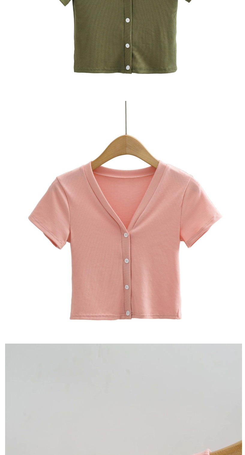 Fashion Pink Solid Color Four Button V-neck Short-sleeved Top,Hair Crown