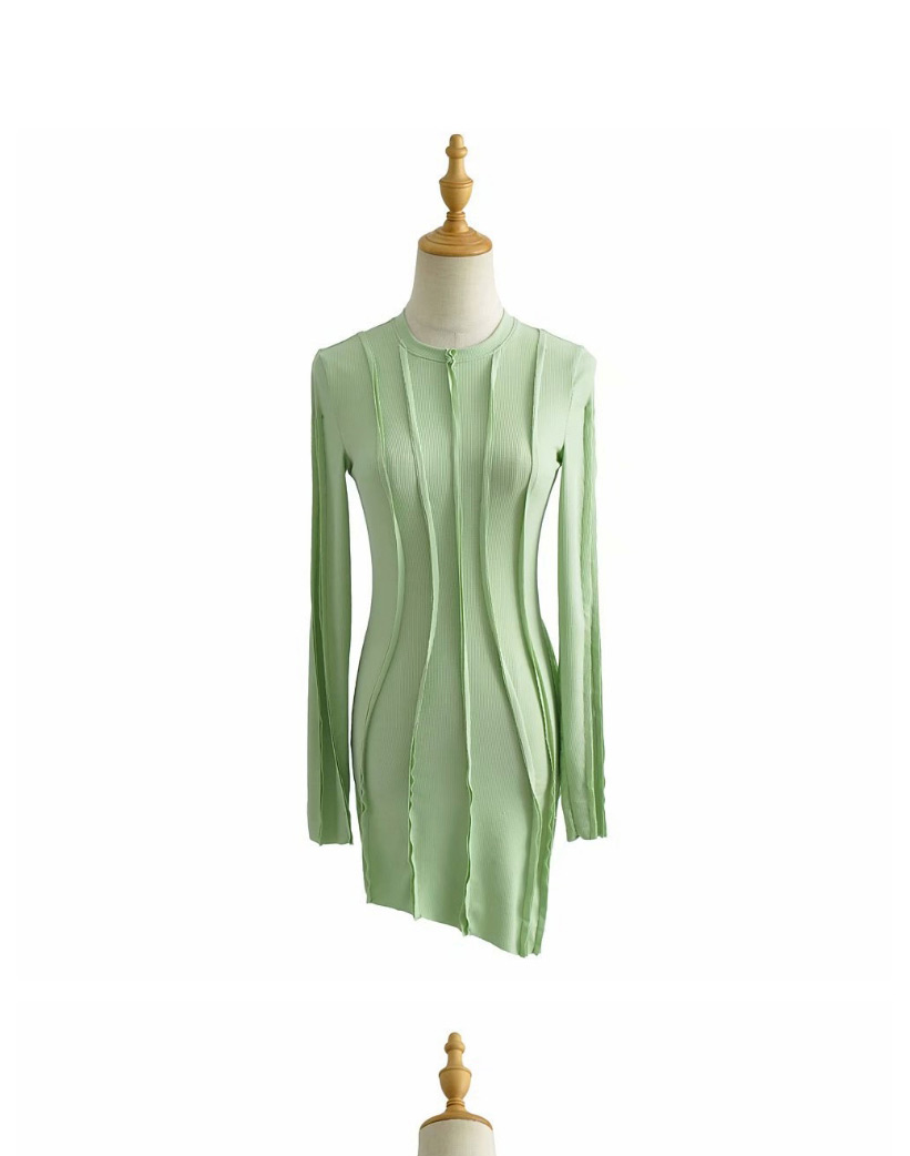 Fashion Green Convex Line Round Neck Hem Oblique Skirt Bag Hip Dress,Mini & Short Dresses