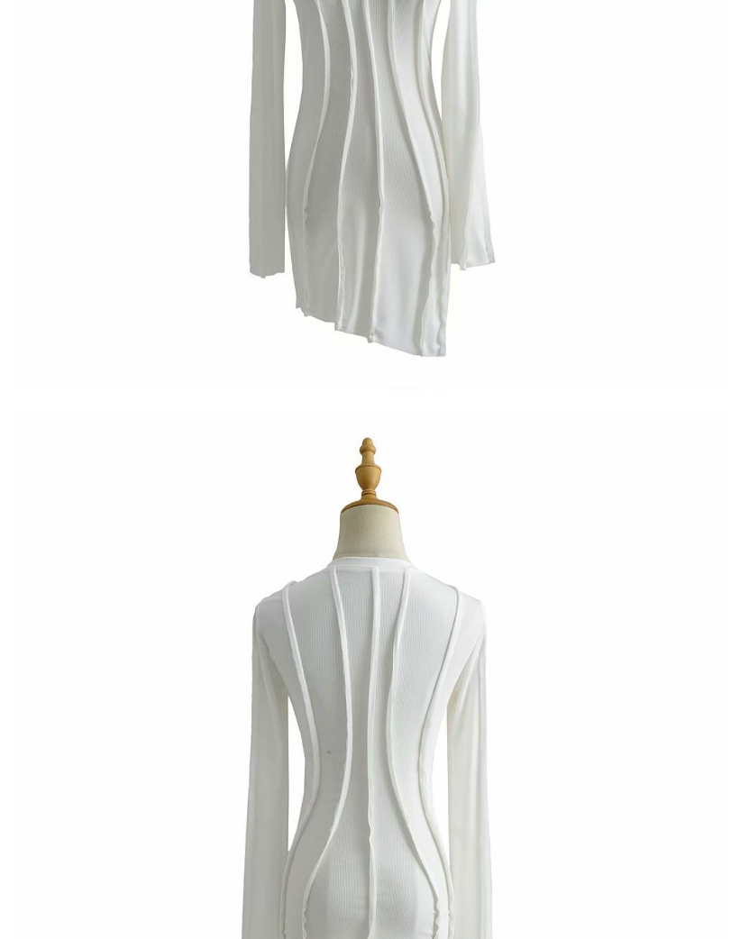Fashion White Convex Line Round Neck Hem Oblique Skirt Bag Hip Dress,Mini & Short Dresses