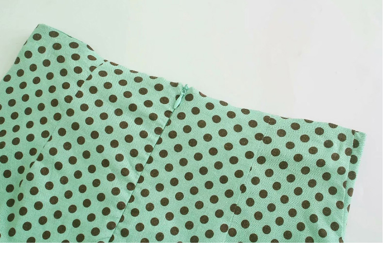 Fashion Green Linen Polka Dot Pleated Skirt,Skirts