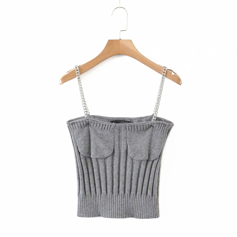 Fashion Gray Two-piece Chain Sling Knitted Cardigan,Tank Tops & Camis