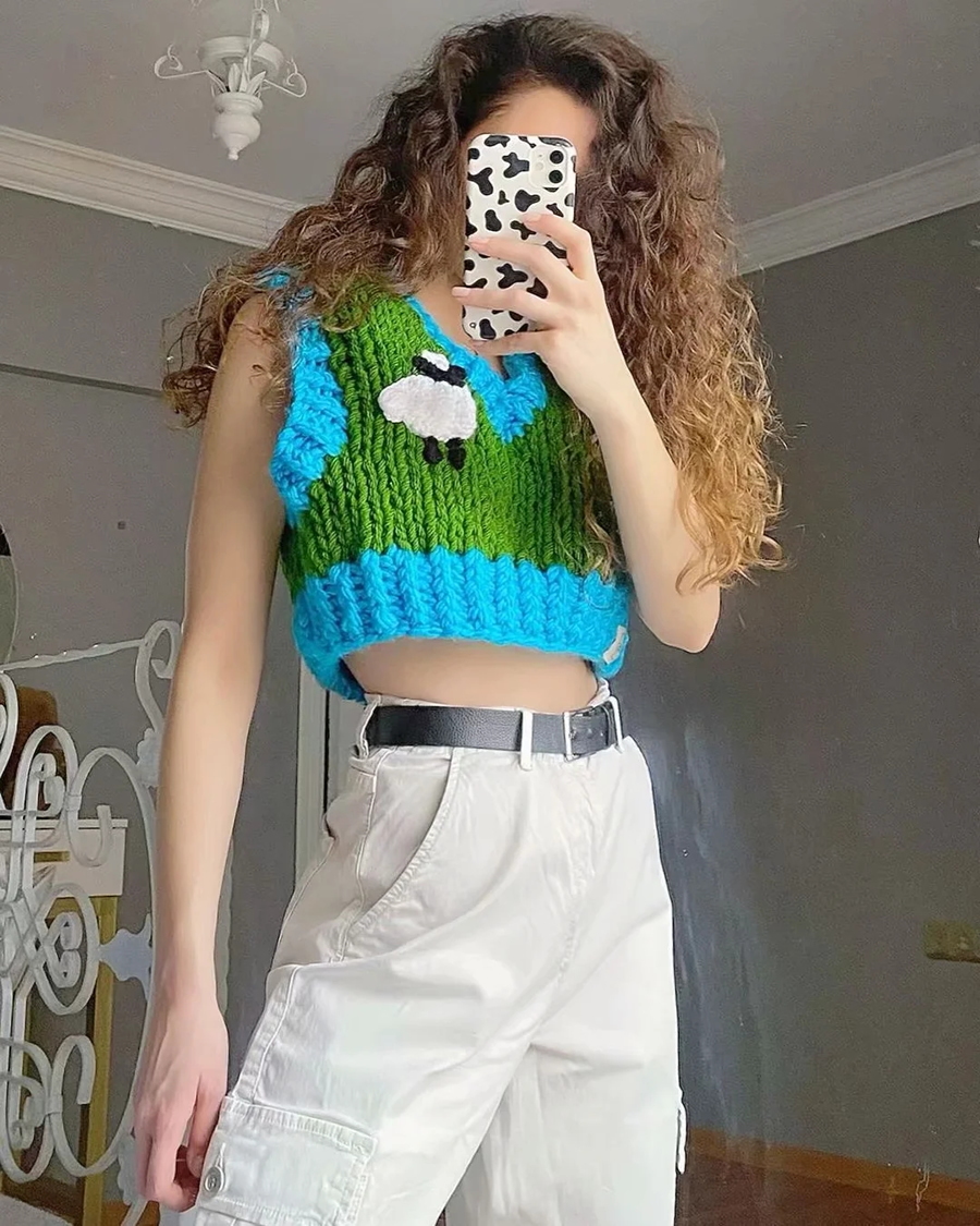 Fashion Green Three-dimensional Sheep Knitted Sweater Vest,Tank Tops & Camis