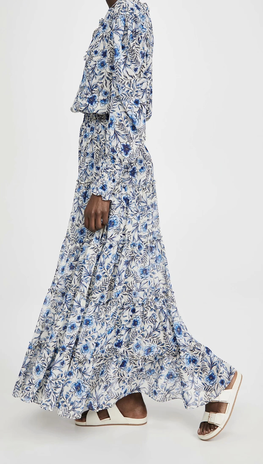 Fashion Blue Printed Long-sleeved Dress With Big Swing,Long Dress