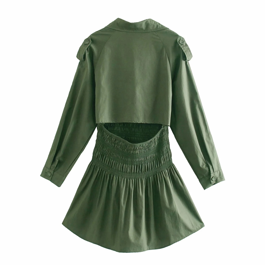 Fashion Armygreen Long-sleeved Suit Collar Dress With Back Waist,Long Dress