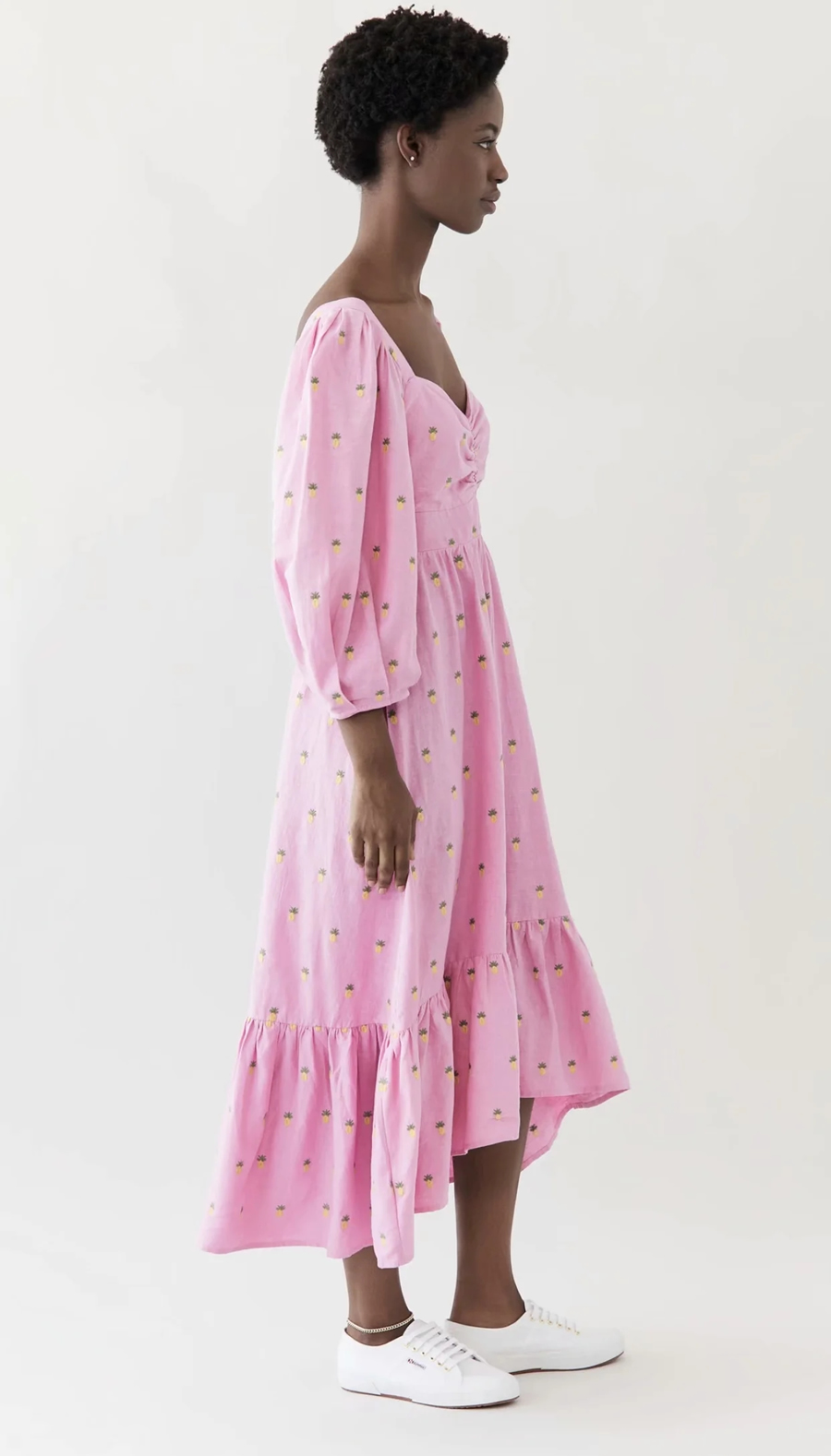 Fashion Pink Pineapple Embroidered Long Sleeve Dress,Long Dress