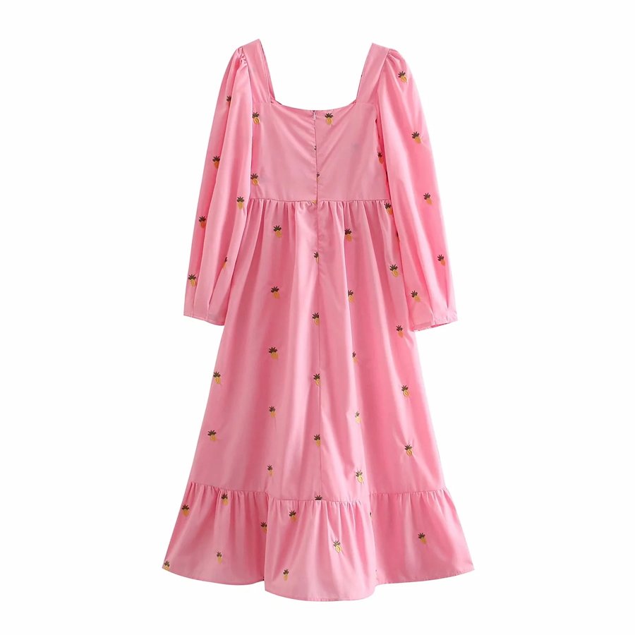 Fashion Pink Pineapple Embroidered Long Sleeve Dress,Long Dress