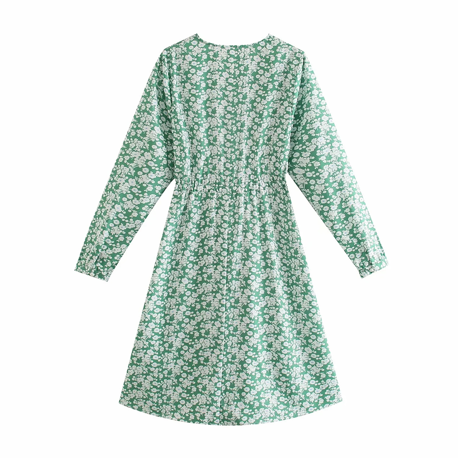 Fashion Green V-neck Long Sleeve Printed Dress,Long Dress
