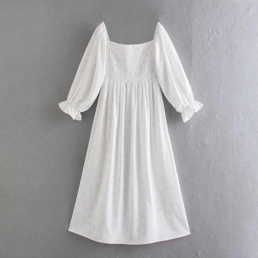 Fashion White Puff Sleeve Square Neck Pleated Dress,Long Dress