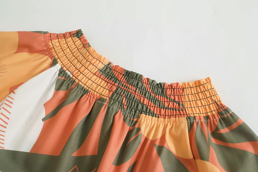 Fashion Color Printed Puff Sleeve Layered Long Skirt,Long Dress