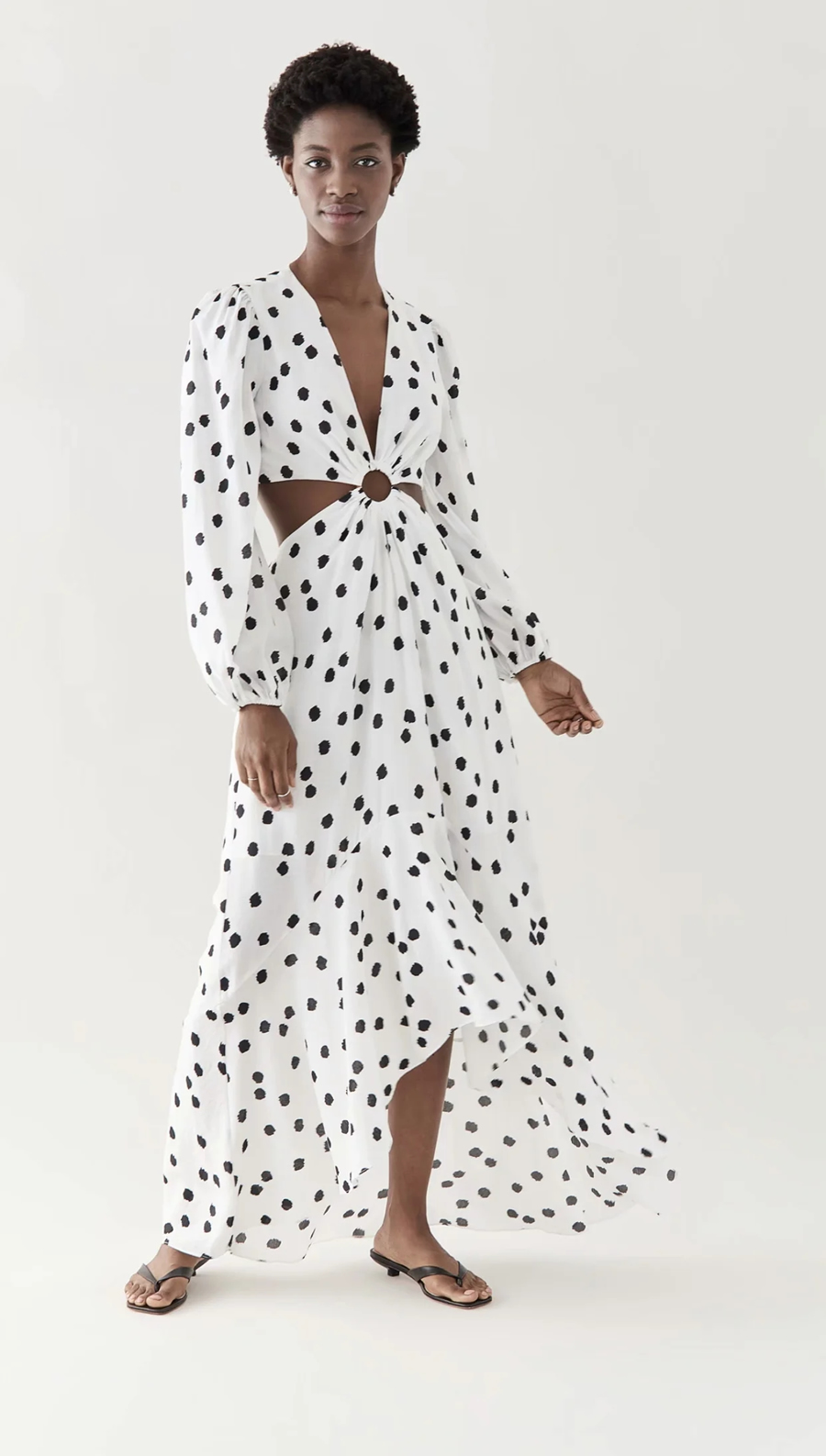 Fashion White Polka Dot Print Hollow Pleated Dress,Long Dress