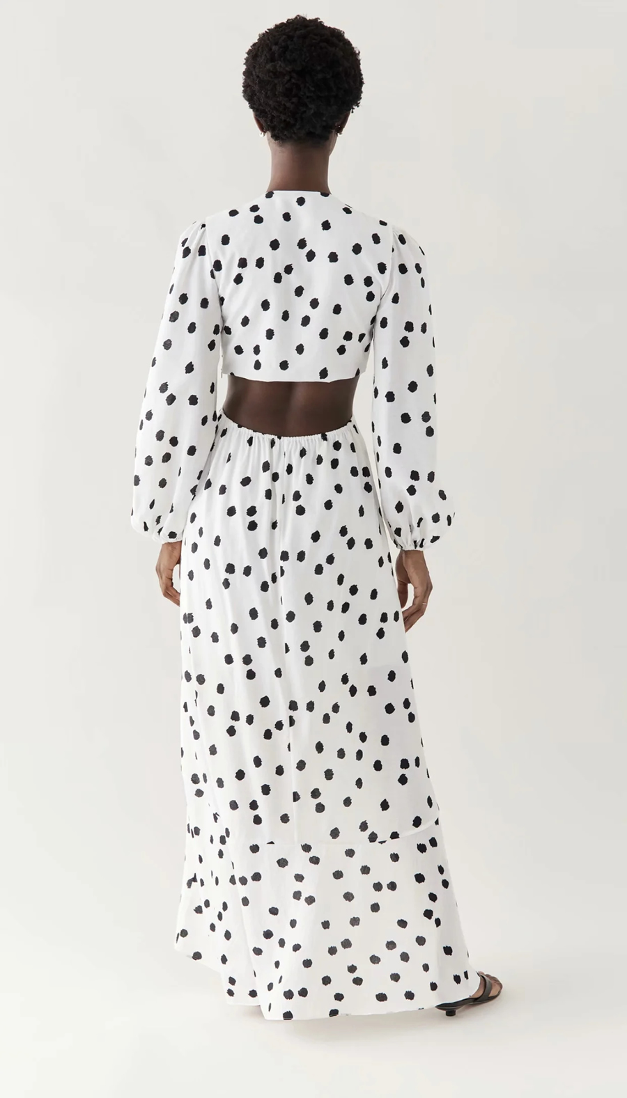 Fashion White Polka Dot Print Hollow Pleated Dress,Long Dress