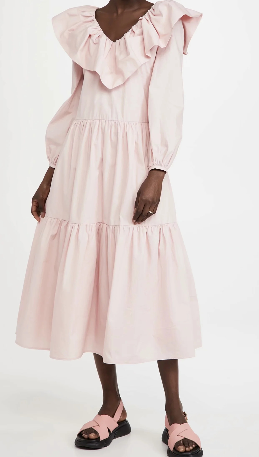 Fashion Pink Frilled Neckline V-neck Dress,Long Dress