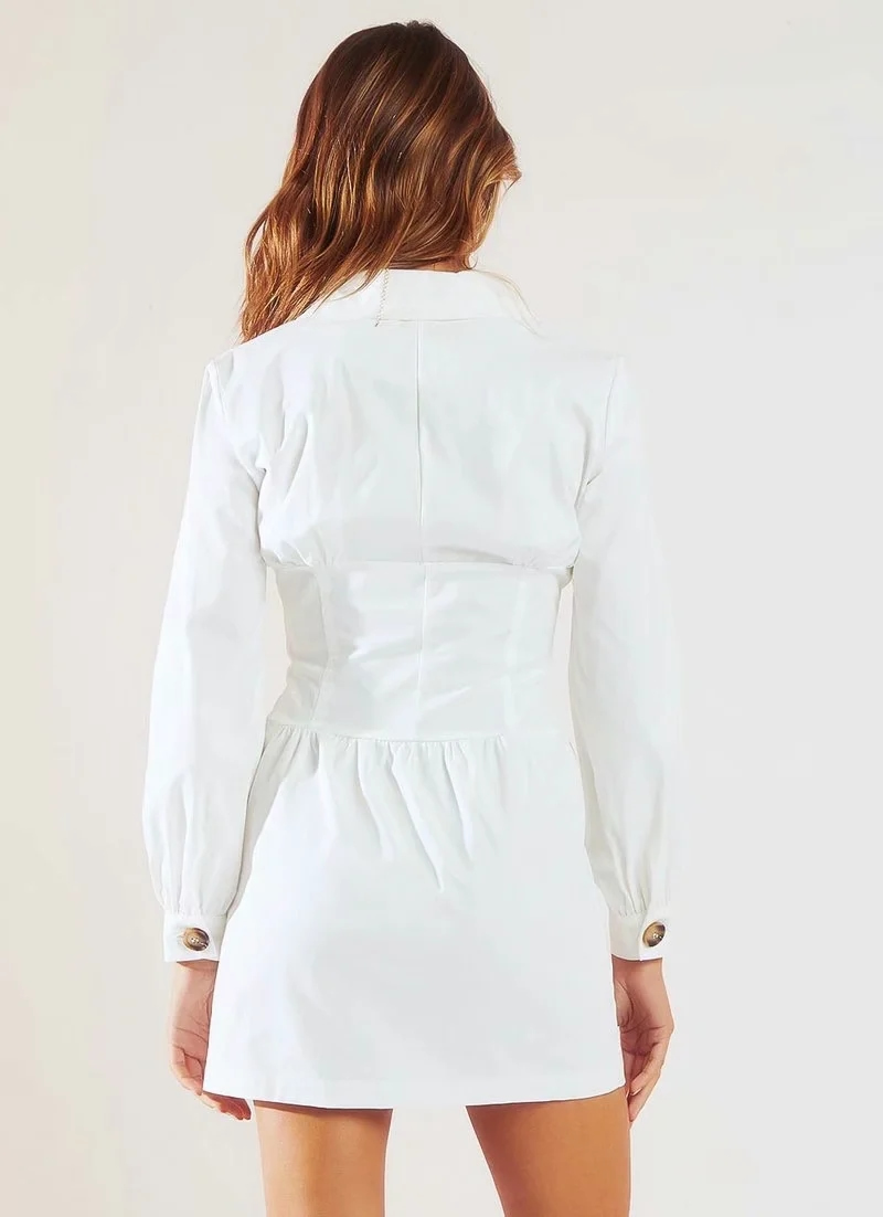 Fashion White One-row Buckle Pocket Dress,Long Dress
