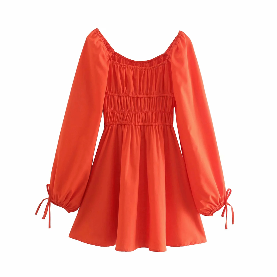 Fashion Orange Pleated Dress With Cuffs,Long Dress